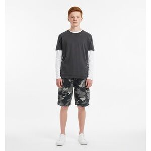 UNIVIBE Boys Camo Cargo Shorts Size L Elastic Waist Drawstring Gray Black